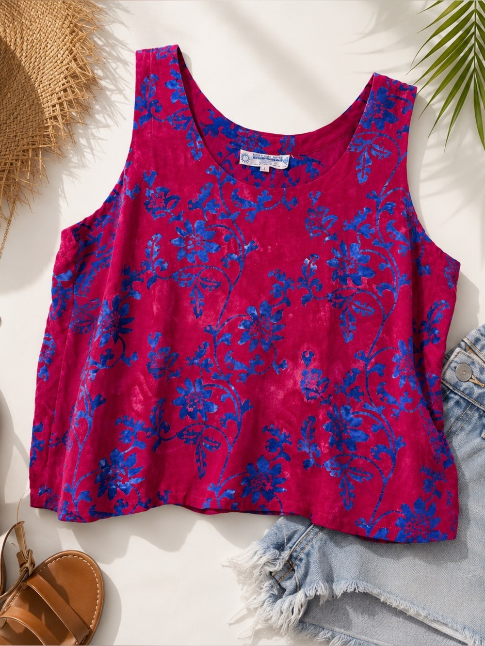 Vintage 1990s Blue Pink Tropical Rayon Batik Tank Top.